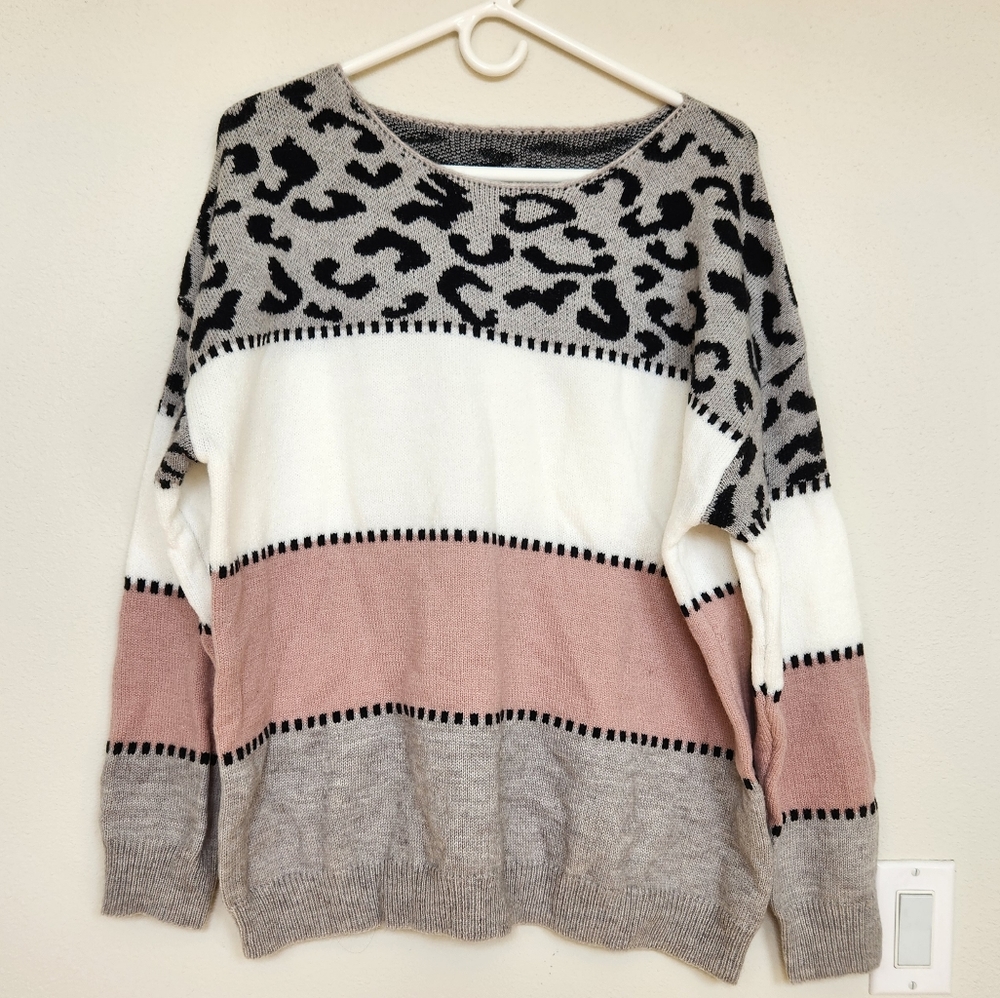 XL, sweater with leopard/pink/cream/grey